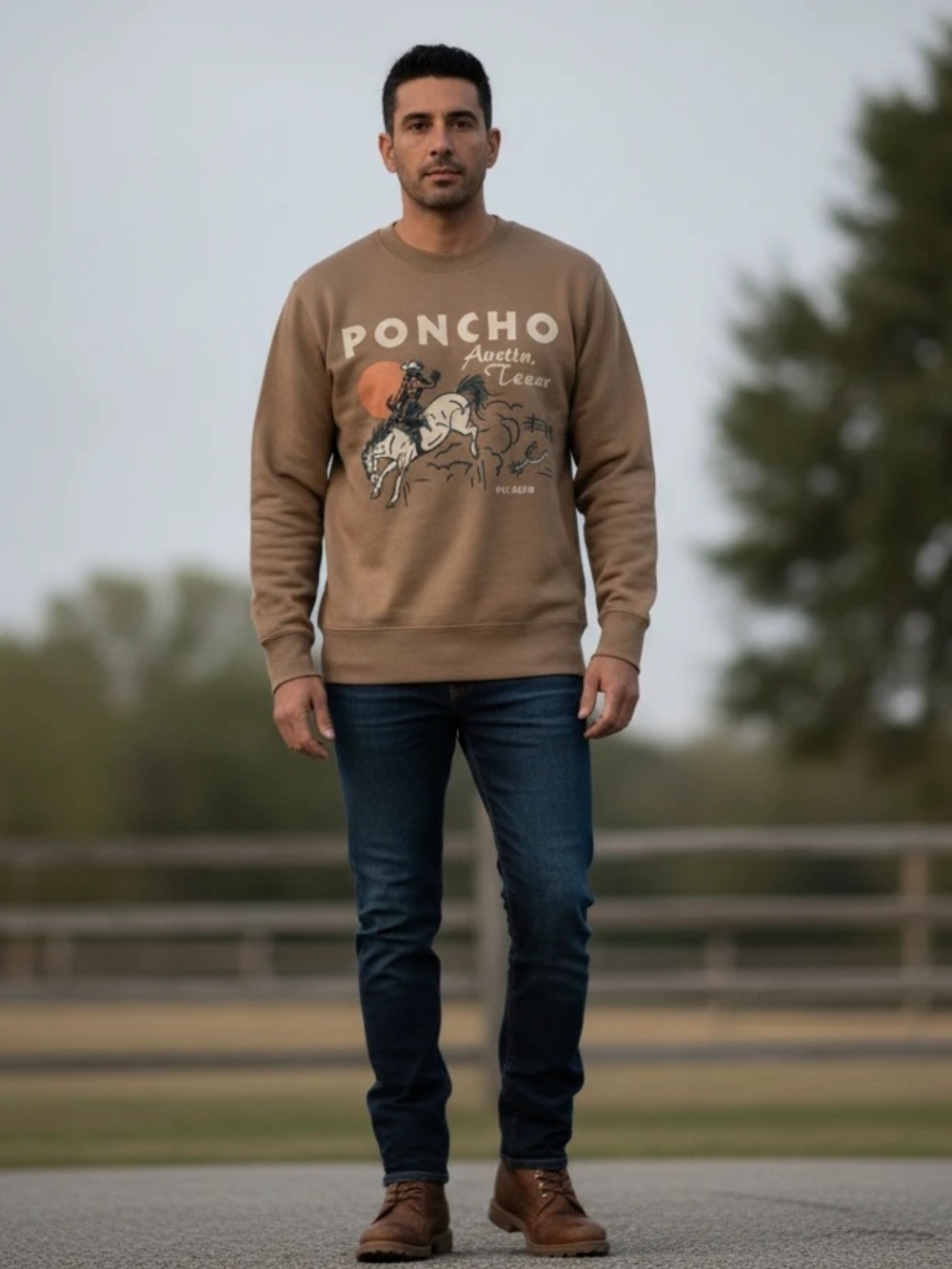 Poncho Men's Western Graphic Crewneck Sweatshirt in Brown. Size Small